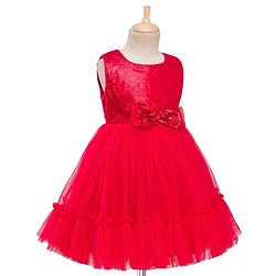Babyhug Mesh Woven Sleeveless Party Dress With Sequin Detailing On Yoke & Bow Applique - Red