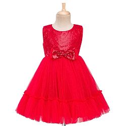 Babyhug Mesh Woven Sleeveless Party Dress With Sequin Detailing On Yoke & Bow Applique - Red