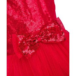 Babyhug Mesh Woven Sleeveless Party Dress With Sequin Detailing On Yoke & Bow Applique - Red
