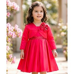 Babyhug Satin Woven Full Sleeves Party Fress with Shrug Bow & Sequin Detailing - Red
