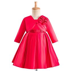 Babyhug Satin Woven Full Sleeves Party Fress with Shrug Bow & Sequin Detailing - Red