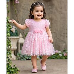 Babyhug 5 Layered Fit & Flare Soft Printed Mesh Puff Sleeves Party Frock Frock With Cotton Lining & Booties - Light Pink