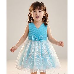 Babyhug 5 Layers With Cotton Lining Mesh Sleeveless Party Dress With Heavy Embroidery Detailing & Bow - Light Blue