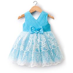 Babyhug 5 Layers With Cotton Lining Mesh Sleeveless Party Dress With Heavy Embroidery Detailing & Bow - Light Blue
