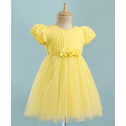 Babyhug Mesh Woven Half Puffed Sleeves Party Dress With Floral Corsage - Yellow