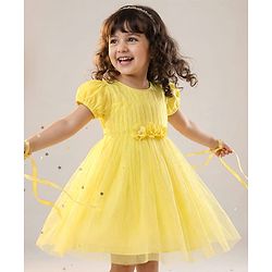 Babyhug Mesh Woven Half Puffed Sleeves Party Dress With Floral Corsage - Yellow