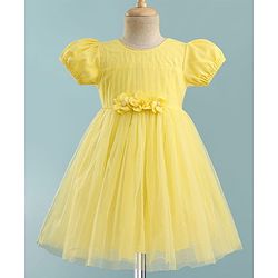 Babyhug Mesh Woven Half Puffed Sleeves Party Dress With Floral Corsage - Yellow