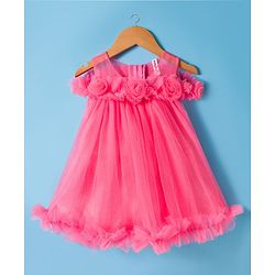 Babyhug Mesh Woven Sleeveless Party Dress With Floral Corsage - Pink