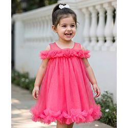 Babyhug Mesh Woven Sleeveless Party Dress With Floral Corsage - Pink