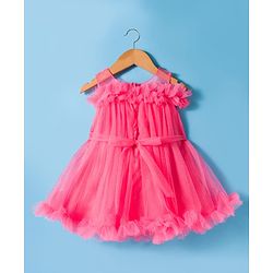 Babyhug Mesh Woven Sleeveless Party Dress With Floral Corsage - Pink