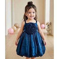 Babyhug Woven Sleeveless Balloon Style Party Dress With Floral Applique - Teal Blue