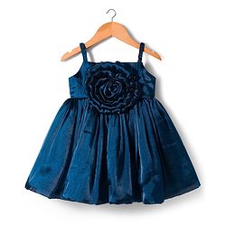Babyhug Woven Sleeveless Balloon Style Party Dress With Floral Applique - Teal Blue