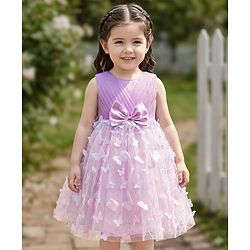 Babyhug Mesh Woven Sleeveless Party Dress With 3D Butterfly & Bow Applique - Lavender