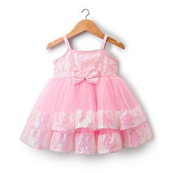 Babyhug Mesh Woven Sleeveless Party Dress With Sequin Detailing & Bow Applique - Dark Pink