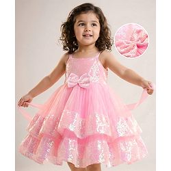 Babyhug Mesh Woven Sleeveless Party Dress With Sequin Detailing & Bow Applique - Dark Pink