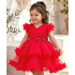 Babyhug Mesh Woven Frill Sleeves Solid Colour Frilled Dress with Bow Applique - Red