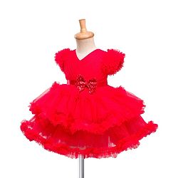 Babyhug Mesh Woven Frill Sleeves Solid Colour Frilled Dress with Bow Applique - Red