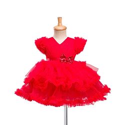Babyhug Mesh Woven Frill Sleeves Solid Colour Frilled Dress with Bow Applique - Red