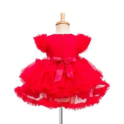 Babyhug Mesh Woven Frill Sleeves Solid Colour Frilled Dress with Bow Applique - Red
