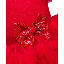Babyhug Mesh Woven Frill Sleeves Solid Colour Frilled Dress with Bow Applique - Red