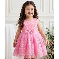 Babyhug 5 Layers Mesh Sleeveless Party Dress With Premium Lace Fabric & Sequins Detailing on Yoke and Bow - Pink