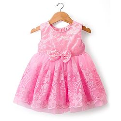 Babyhug 5 Layers Mesh Sleeveless Party Dress With Premium Lace Fabric & Sequins Detailing on Yoke and Bow - Pink