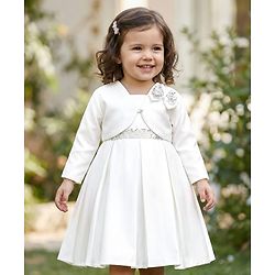 Babyhug 5 Layers With Cotton Lining Premium Heavy Satin Party Dress & Full Sleeves Shrug With Bow Applique  - White