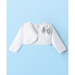 Babyhug 5 Layers With Cotton Lining Premium Heavy Satin Party Dress & Full Sleeves Shrug With Bow Applique  - White