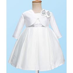 Babyhug 5 Layers With Cotton Lining Premium Heavy Satin Party Dress & Full Sleeves Shrug With Bow Applique  - White