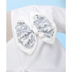 Babyhug 5 Layers With Cotton Lining Premium Heavy Satin Party Dress & Full Sleeves Shrug With Bow Applique  - White
