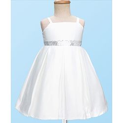 Babyhug 5 Layers With Cotton Lining Premium Heavy Satin Party Dress & Full Sleeves Shrug With Bow Applique  - White