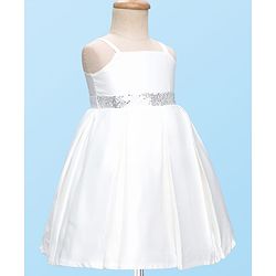 Babyhug 5 Layers With Cotton Lining Premium Heavy Satin Party Dress & Full Sleeves Shrug With Bow Applique  - White