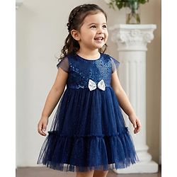 Babyhug Mesh Woven Cap Sleeves Party Dress With Sequinned Yoke & Bow Applique - Navy Blue