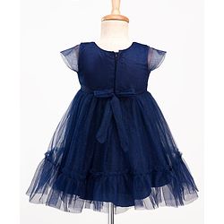 Babyhug Mesh Woven Cap Sleeves Party Dress With Sequinned Yoke & Bow Applique - Navy Blue