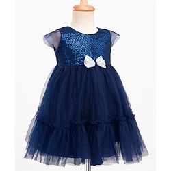 Babyhug Mesh Woven Cap Sleeves Party Dress With Sequinned Yoke & Bow Applique - Navy Blue