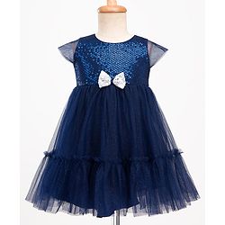 Babyhug Mesh Woven Cap Sleeves Party Dress With Sequinned Yoke & Bow Applique - Navy Blue