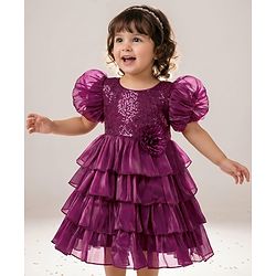Babyhug Woven Half Puffed  Sleeves Party Dress With Sequin Detailing on Yoke & Floral Applique - Wine