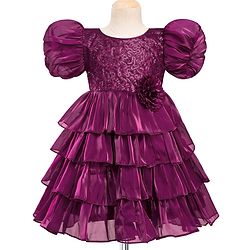 Babyhug Woven Half Puffed  Sleeves Party Dress With Sequin Detailing on Yoke & Floral Applique - Wine