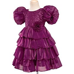 Babyhug Woven Half Puffed  Sleeves Party Dress With Sequin Detailing on Yoke & Floral Applique - Wine