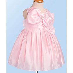 Babyhug Woven Sleeveless Solid Color Pleated Party Dress with Bow Applique - Baby Pink
