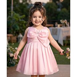 Babyhug Woven Sleeveless Solid Color Pleated Party Dress with Bow Applique - Baby Pink