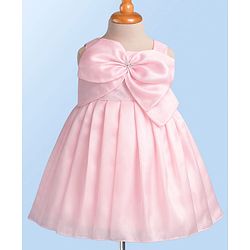 Babyhug Woven Sleeveless Solid Color Pleated Party Dress with Bow Applique - Baby Pink