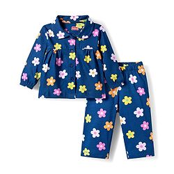 Babyhug Cotton Knit Full Sleeves Co-ords Night Suit With Floral Print - Navy Blue