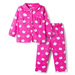 Babyhug Cotton Knit Full Sleeves Co-ords Night Suit With Kitty Print - Pink