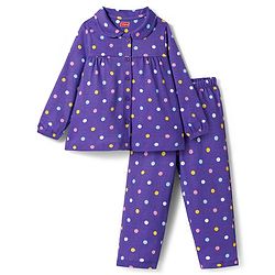 Babyhug Cotton Knit Full Sleeves Co-ords Night Suit With Polka Dot Print - Purple