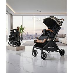 Babyhug Auto-fold Baby Stroller with Concealed Linked Brake - Black| One-Hand Compact Fold|  5-Point Harness| Shock Absorbing Wheels| Travel-Friendly| 0-3 Years Boys & Girls| Reclining Seat| PU Handle