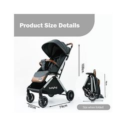 Babyhug Auto-fold Baby Stroller with Concealed Linked Brake - Black| One-Hand Compact Fold|  5-Point Harness| Shock Absorbing Wheels| Travel-Friendly| 0-3 Years Boys & Girls| Reclining Seat| PU Handle