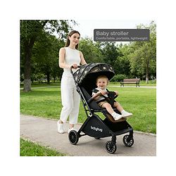 Babyhug Auto-fold Baby Stroller with Concealed Linked Brake - Black| One-Hand Compact Fold|  5-Point Harness| Shock Absorbing Wheels| Travel-Friendly| 0-3 Years Boys & Girls| Reclining Seat| PU Handle
