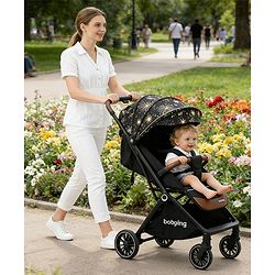 Babyhug Auto-fold Baby Stroller with Concealed Linked Brake - Black| One-Hand Compact Fold|  5-Point Harness| Shock Absorbing Wheels| Travel-Friendly| 0-3 Years Boys & Girls| Reclining Seat| PU Handle