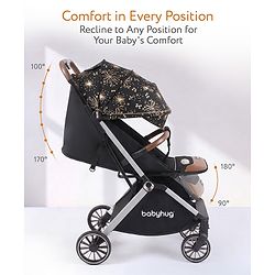 Babyhug Auto-fold Baby Stroller with Concealed Linked Brake - Black| One-Hand Compact Fold| Aluminium frame pram with One Click fold| Shock Absorbing Wheels| Travel-Friendly| 0-3 Years Boys & Girls| Reclining Seat| PU Handle